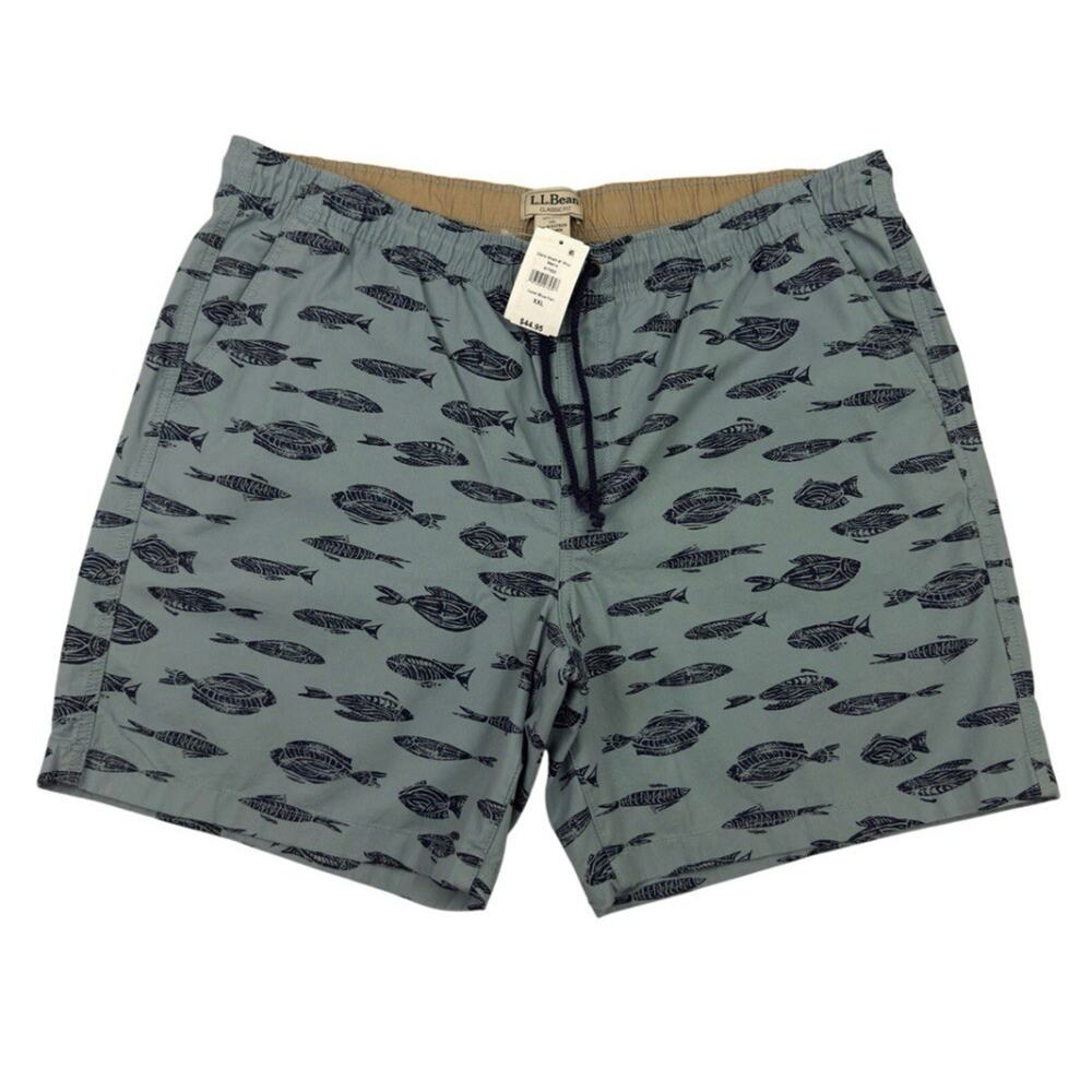 LL Bean Shorts Mens Size XXL Blue Dock Fish Print Classic Fit 8” Cotton NWT